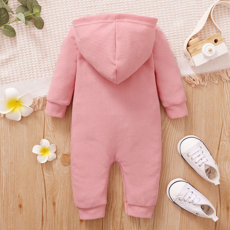 Baby Letter Print Solid Long-sleeve Hooded Waffle Jumpsuit Pink big image 6