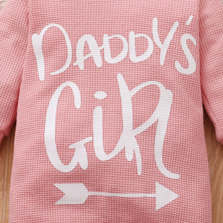 Baby Letter Print Solid Long-sleeve Hooded Waffle Jumpsuit Pink big image 5