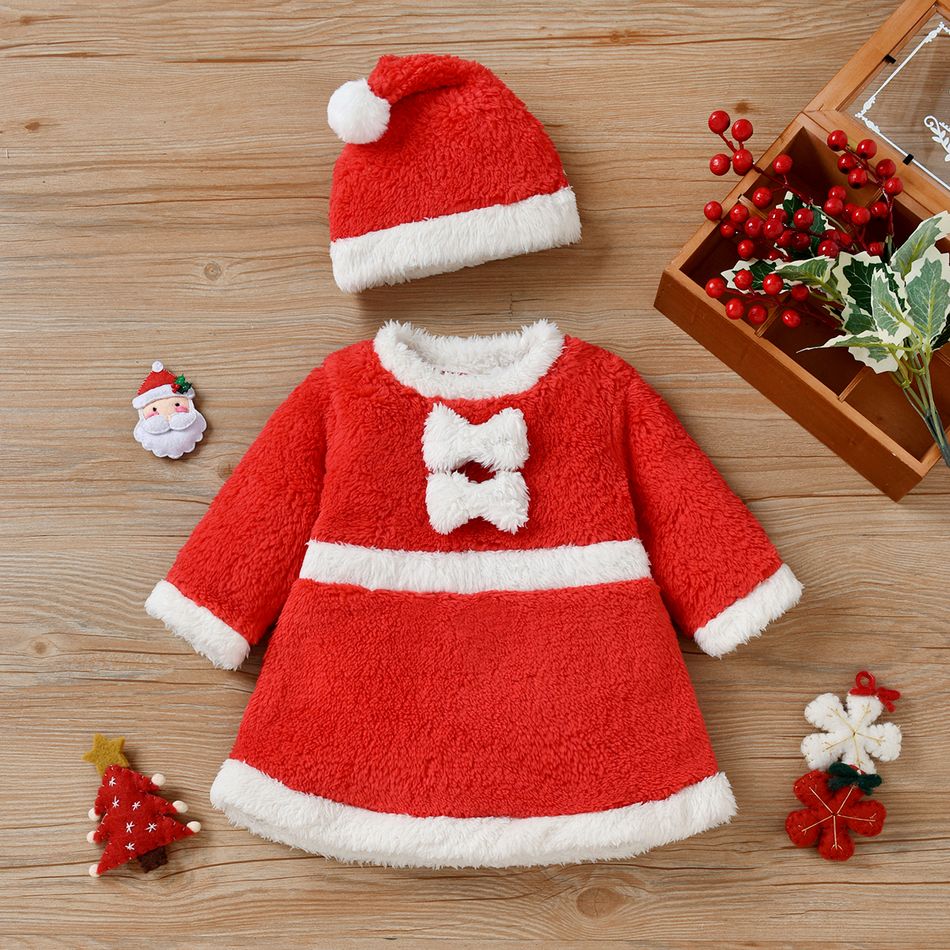 Christmas 2pcs Baby Santa Outfits Red Thickened Fuzzy Fleece Long-sleeve Dress Set Red