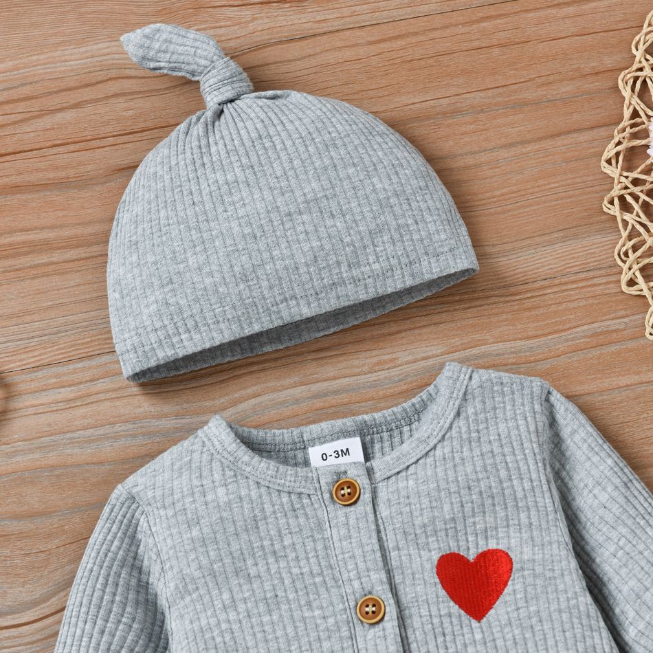 2-piece Baby Girl Heart Embroidered Button Design Ribbed Long-sleeve Jumpsuit and Knotted Cap Set Grey big image 3