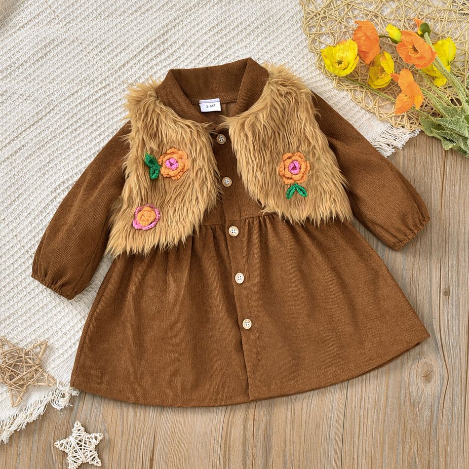 2pcs Baby Brown Corduroy Long-sleeve Dress and Fuzzy Faux Fur Vest Set Brown