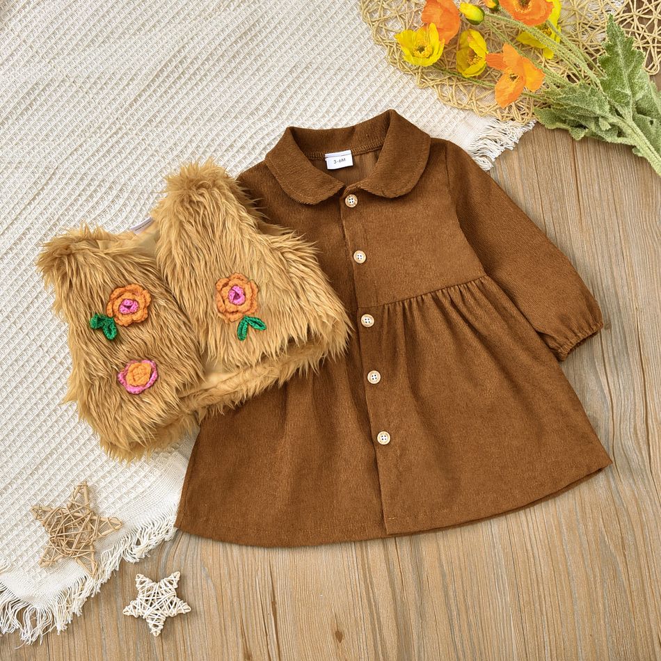 2pcs Baby Brown Corduroy Long-sleeve Dress and Fuzzy Faux Fur Vest Set Brown big image 2