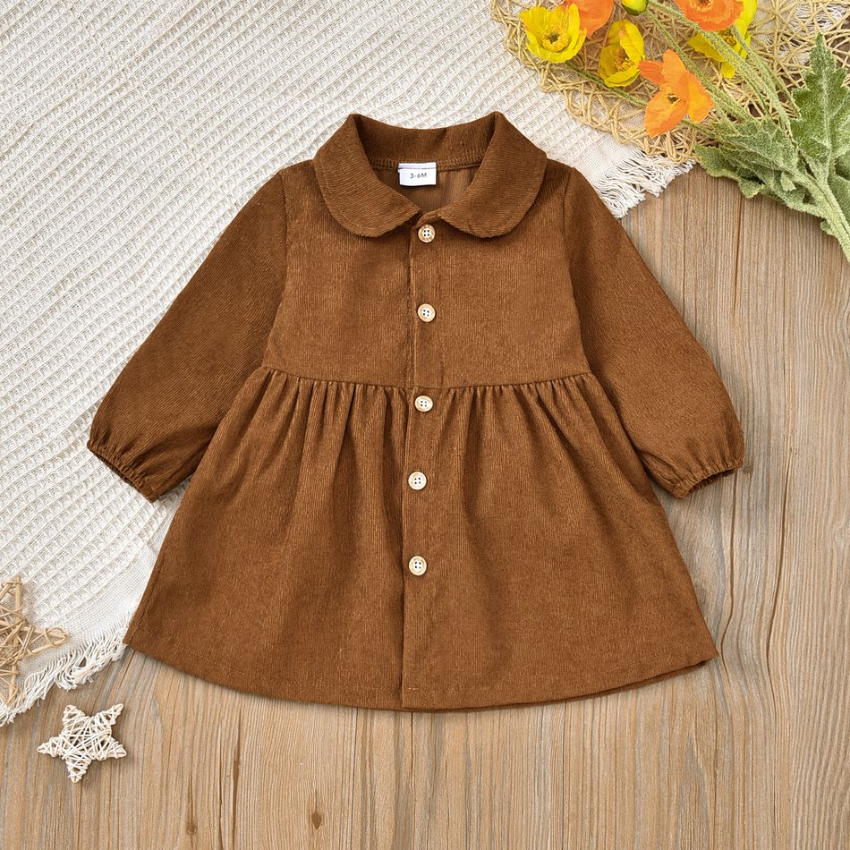 2pcs Baby Brown Corduroy Long-sleeve Dress and Fuzzy Faux Fur Vest Set Brown big image 3