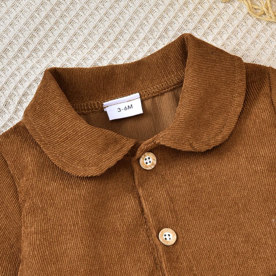 2pcs Baby Brown Corduroy Long-sleeve Dress and Fuzzy Faux Fur Vest Set Brown big image 4