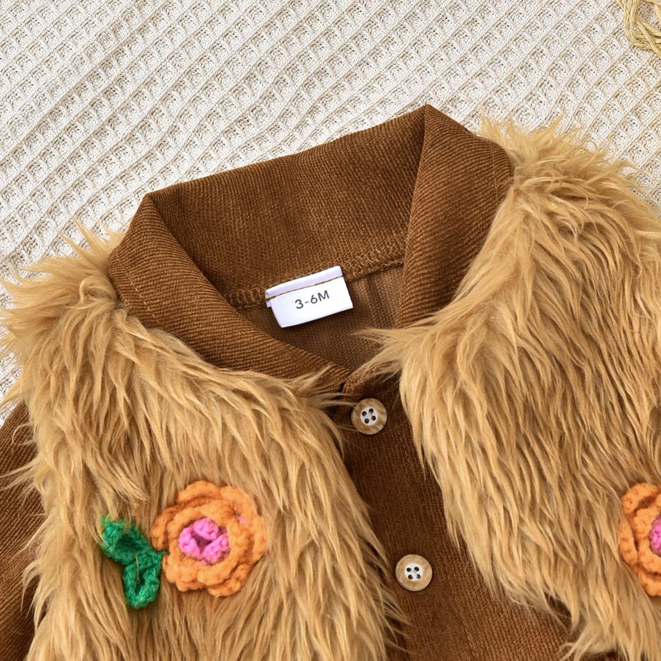 2pcs Baby Brown Corduroy Long-sleeve Dress and Fuzzy Faux Fur Vest Set Brown big image 6