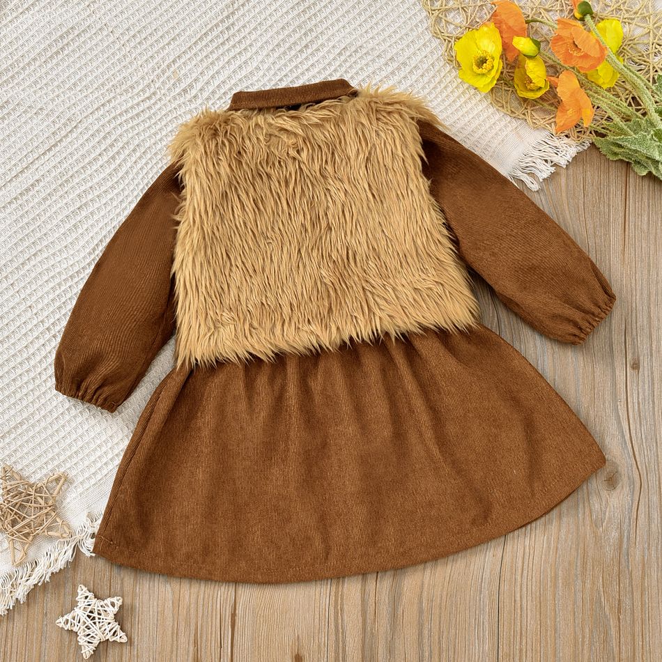 2pcs Baby Brown Corduroy Long-sleeve Dress and Fuzzy Faux Fur Vest Set Brown