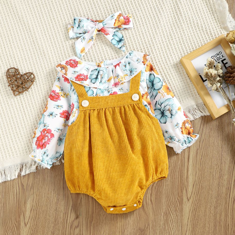 100% Cotton 2pcs Baby Girl Floral Print Ruffle Collar Long-sleeve Splicing Corduroy Faux-two Romper Set Ginger