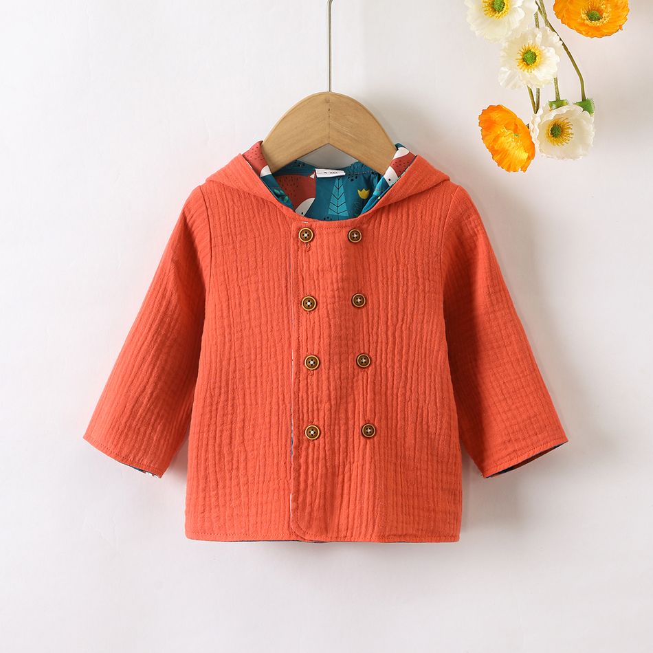 100% Cotton Baby Boy/Girl Solid Crepe Double Breasted Long-sleeve Hooded Jacket Orange