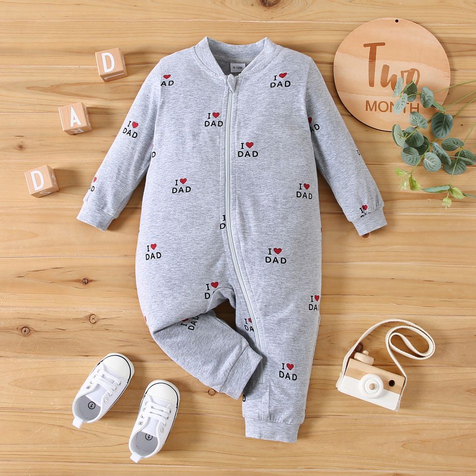 Baby Boy/Girl Love Heart and Letter Print Grey Long-sleeve Zip Jumpsuit Light Grey