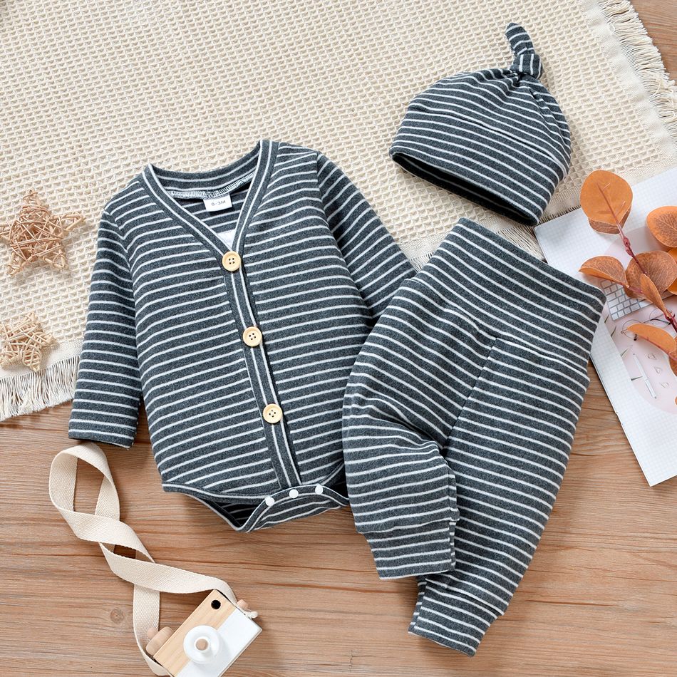 3pcs Baby Boy/Girl Long-sleeve Button Down Romper with Trousers and Hat Set Dark Grey big image 1