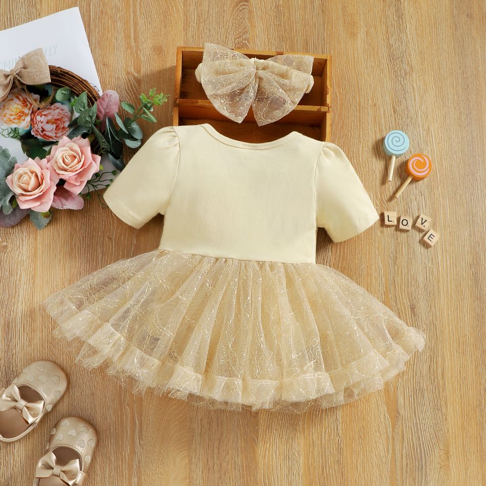 2pcs Letter and Stars Print Mesh Layered Short-sleeve Apricot Baby Romper with Headband Set Apricot big image 2