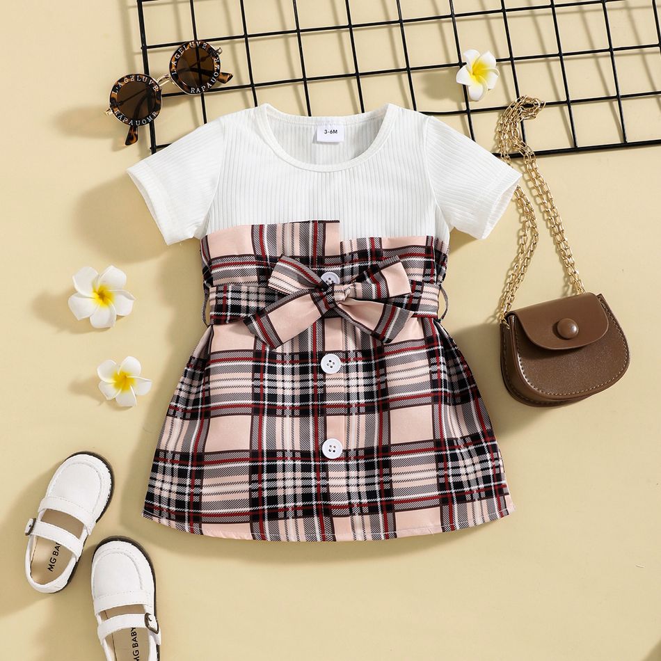 Baby Girl Ribbed Short-sleeve Splicing Plaid Belted Faux-two Dress White