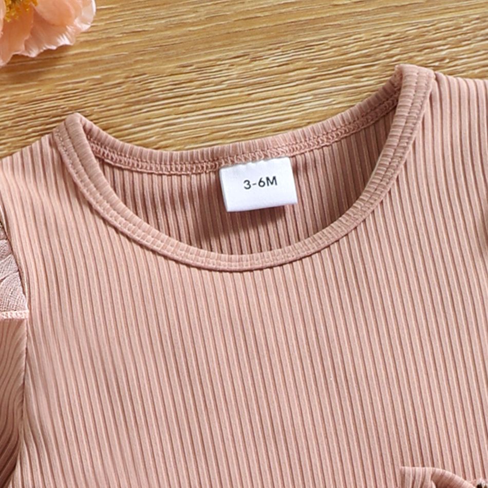 Baby Girl Pink Ribbed Long-sleeve Bowknot Floral Embroidered Mesh Dress Pink big image 3
