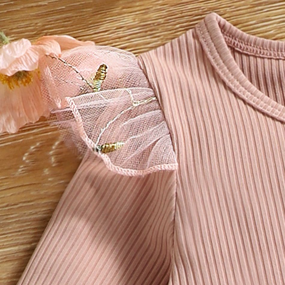 Baby Girl Pink Ribbed Long-sleeve Bowknot Floral Embroidered Mesh Dress Pink big image 4