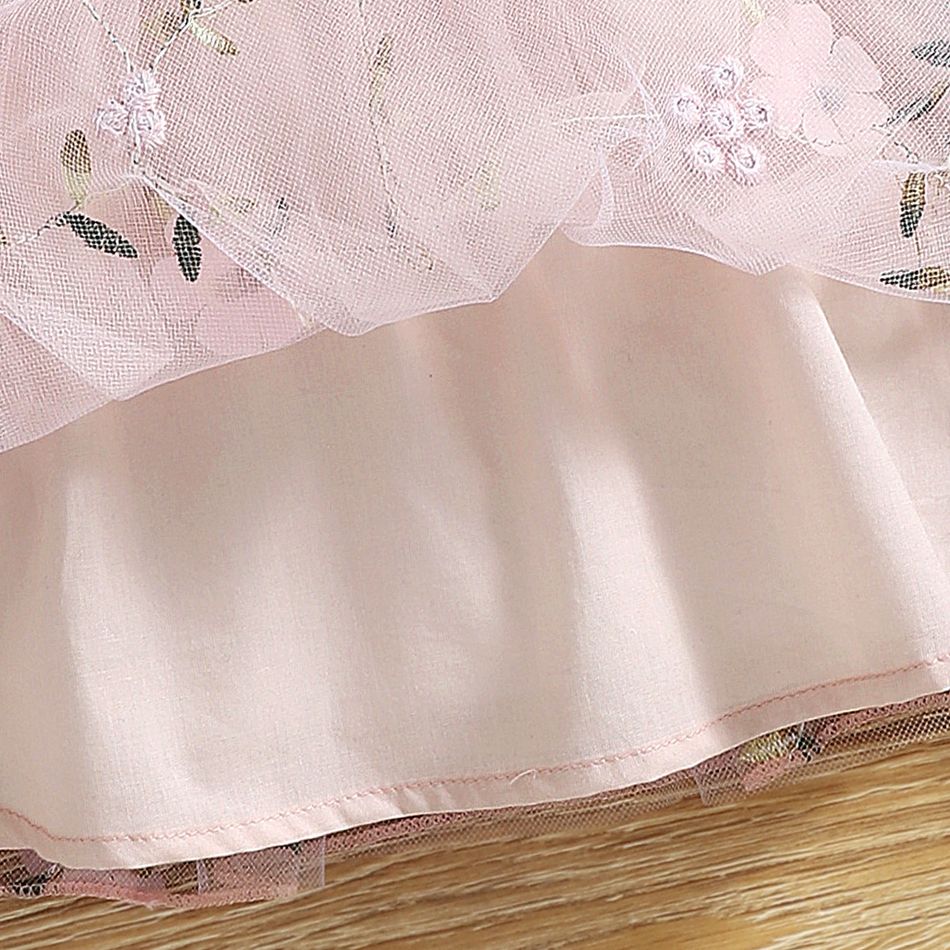 Baby Girl Pink Ribbed Long-sleeve Bowknot Floral Embroidered Mesh Dress Pink big image 7