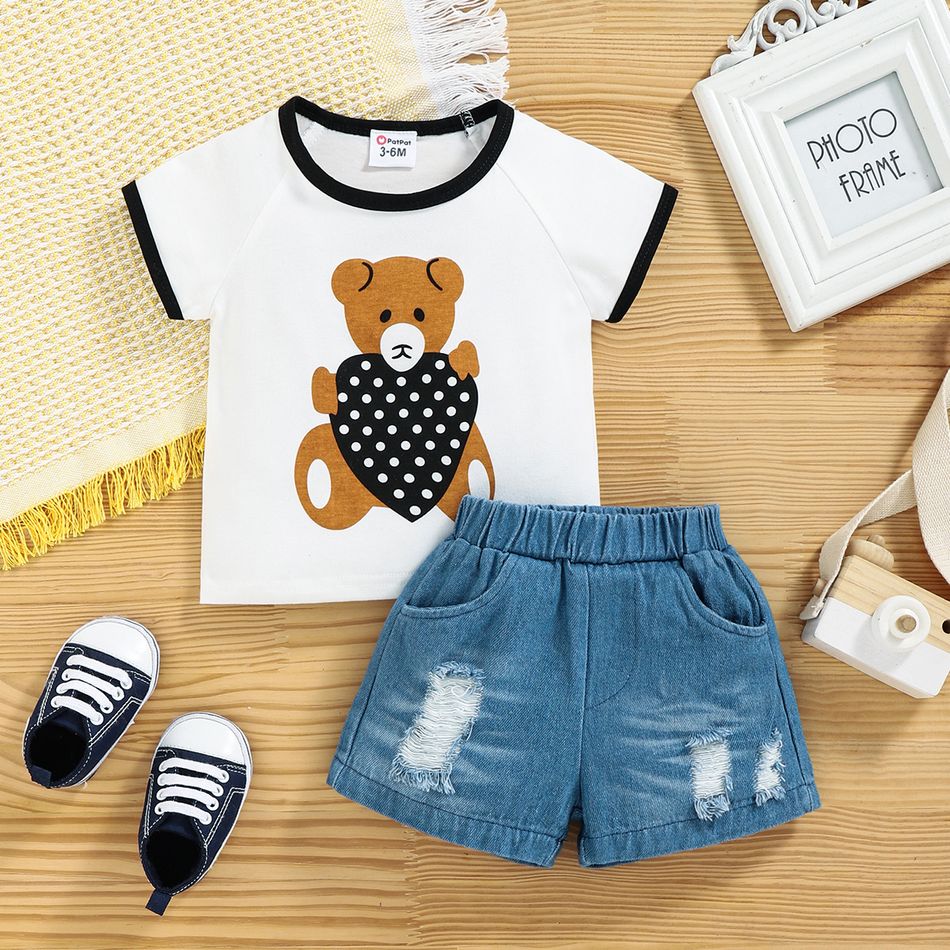 100% Cotton 2pcs Baby Boy Cartoon Bear Print T-shirt and Ripped Denim Shorts Set White big image 1