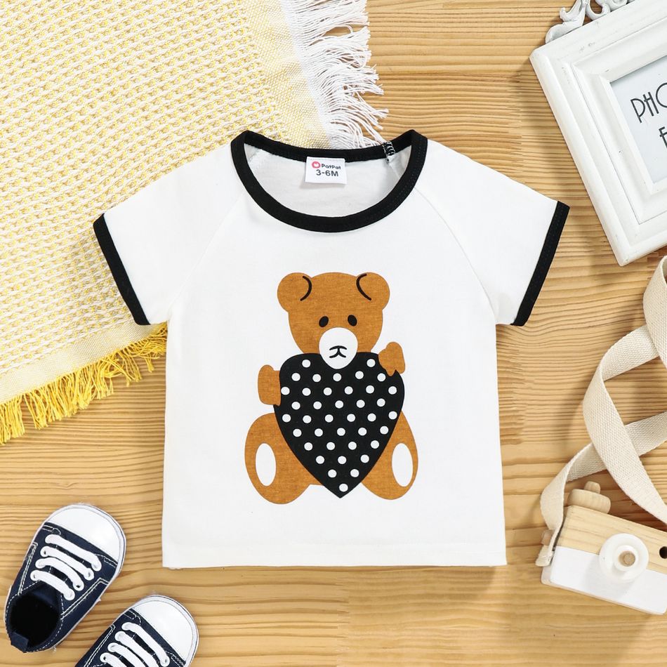 100% Cotton 2pcs Baby Boy Cartoon Bear Print T-shirt and Ripped Denim Shorts Set White big image 3