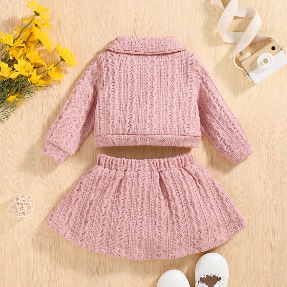 2pcs Baby Girl Long-sleeve Button Front Pink Cable Knit Top and Bow Front Skirt Set Pink big image 2