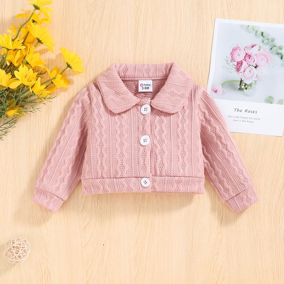 2pcs Baby Girl Long-sleeve Button Front Pink Cable Knit Top and Bow Front Skirt Set Pink big image 4