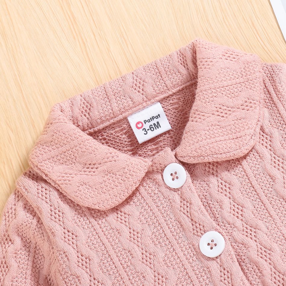 2pcs Baby Girl Long-sleeve Button Front Pink Cable Knit Top and Bow Front Skirt Set Pink big image 5