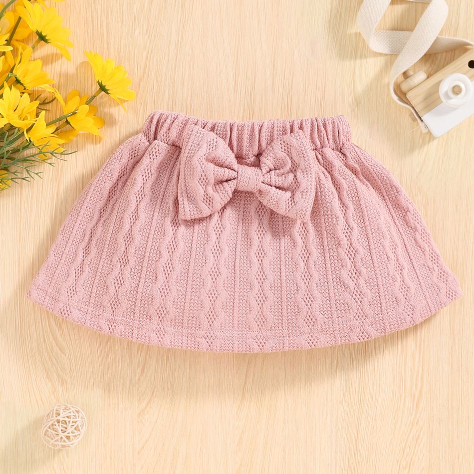 2pcs Baby Girl Long-sleeve Button Front Pink Cable Knit Top and Bow Front Skirt Set Pink big image 7