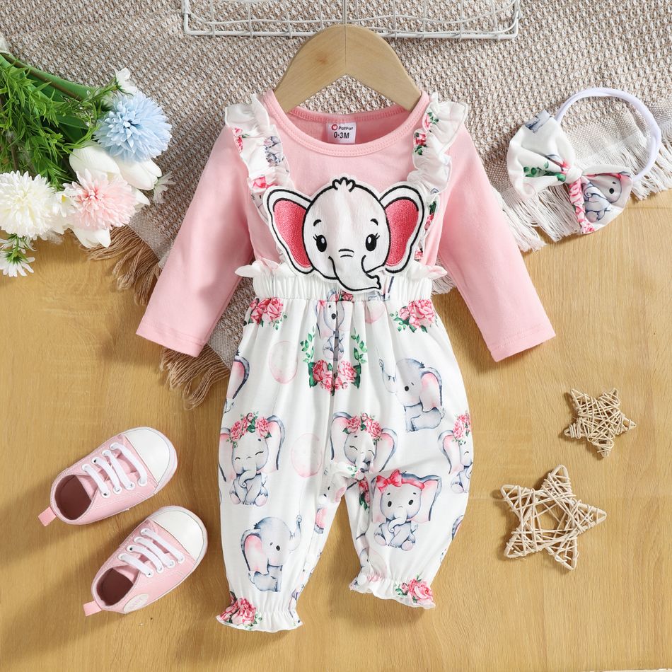 2pcs Baby Girl 95% Cotton Long-sleeve Faux-two Elephant Graphic Ruffle Trim Jumpsuit with Headband Set Pink big image 1