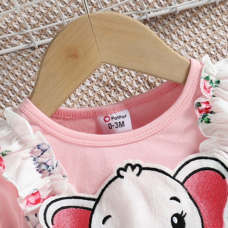 2pcs Baby Girl 95% Cotton Long-sleeve Faux-two Elephant Graphic Ruffle Trim Jumpsuit with Headband Set Pink big image 3