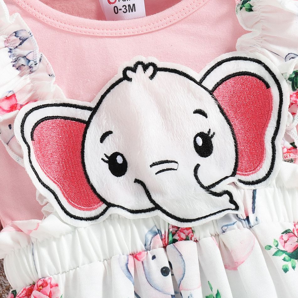 2pcs Baby Girl 95% Cotton Long-sleeve Faux-two Elephant Graphic Ruffle Trim Jumpsuit with Headband Set Pink big image 4