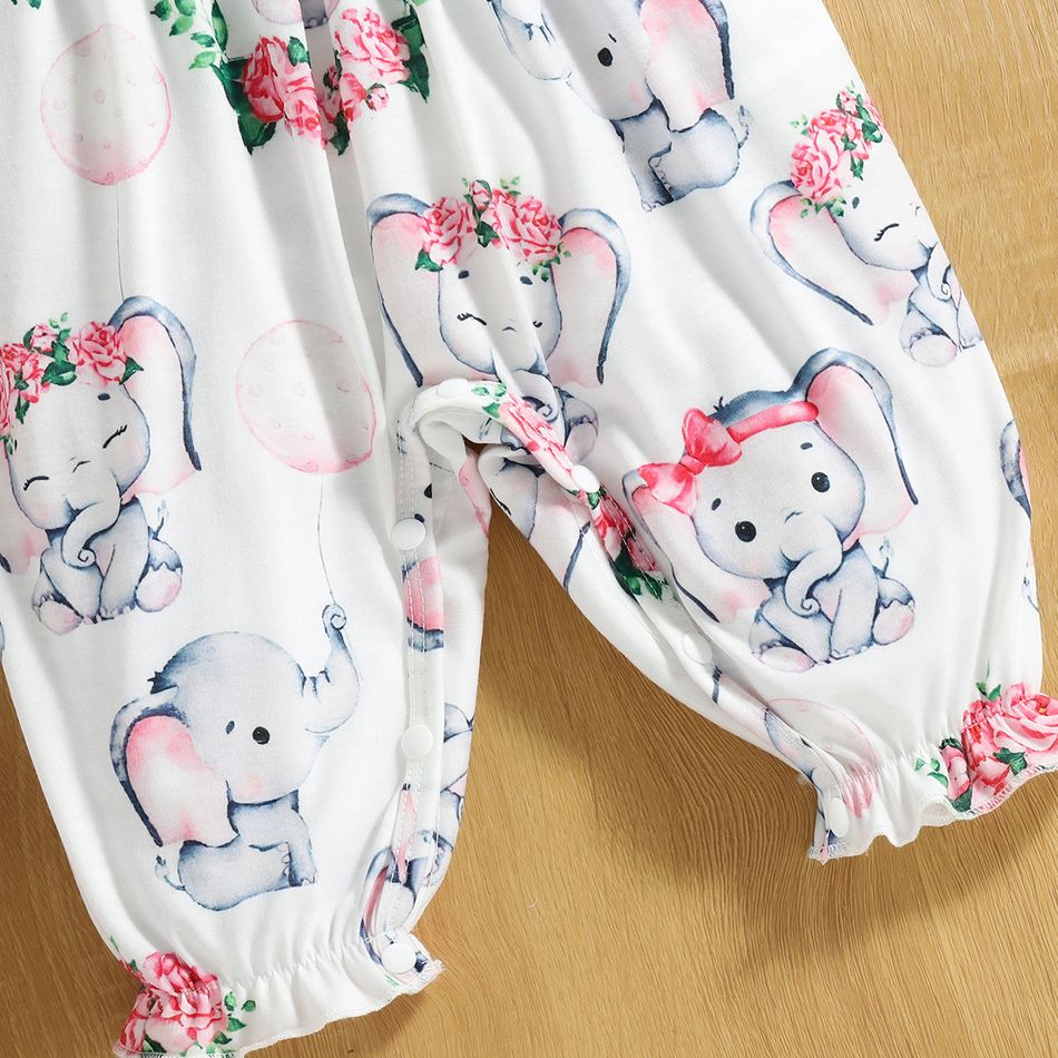 2pcs Baby Girl 95% Cotton Long-sleeve Faux-two Elephant Graphic Ruffle Trim Jumpsuit with Headband Set Pink big image 7