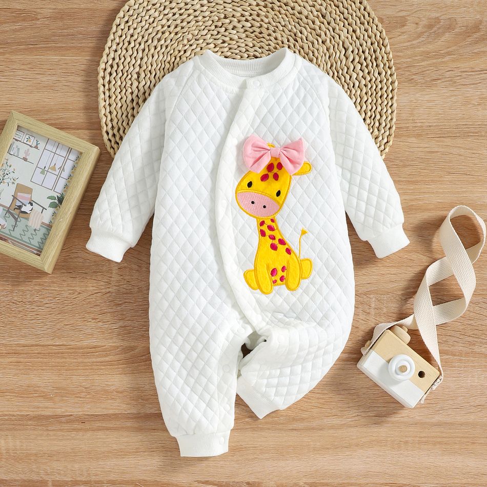 Baby Girl Animal Embroidered Quilted Long-sleeve Button Jumpsuit White