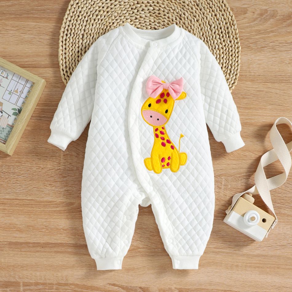 Baby Girl Animal Embroidered Quilted Long-sleeve Button Jumpsuit White big image 3