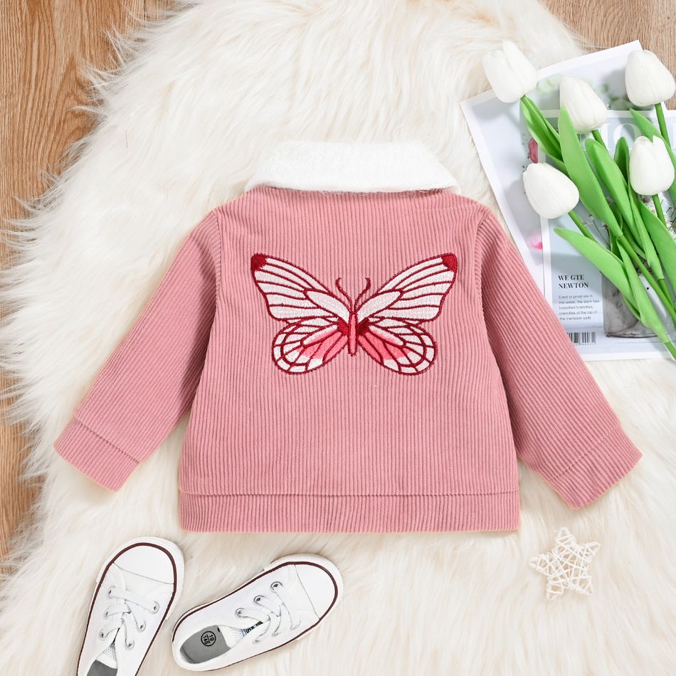 Baby Girl Butterfly Embroidered Pink Corduroy Fuzzy Collar Jacket Pink big image 2