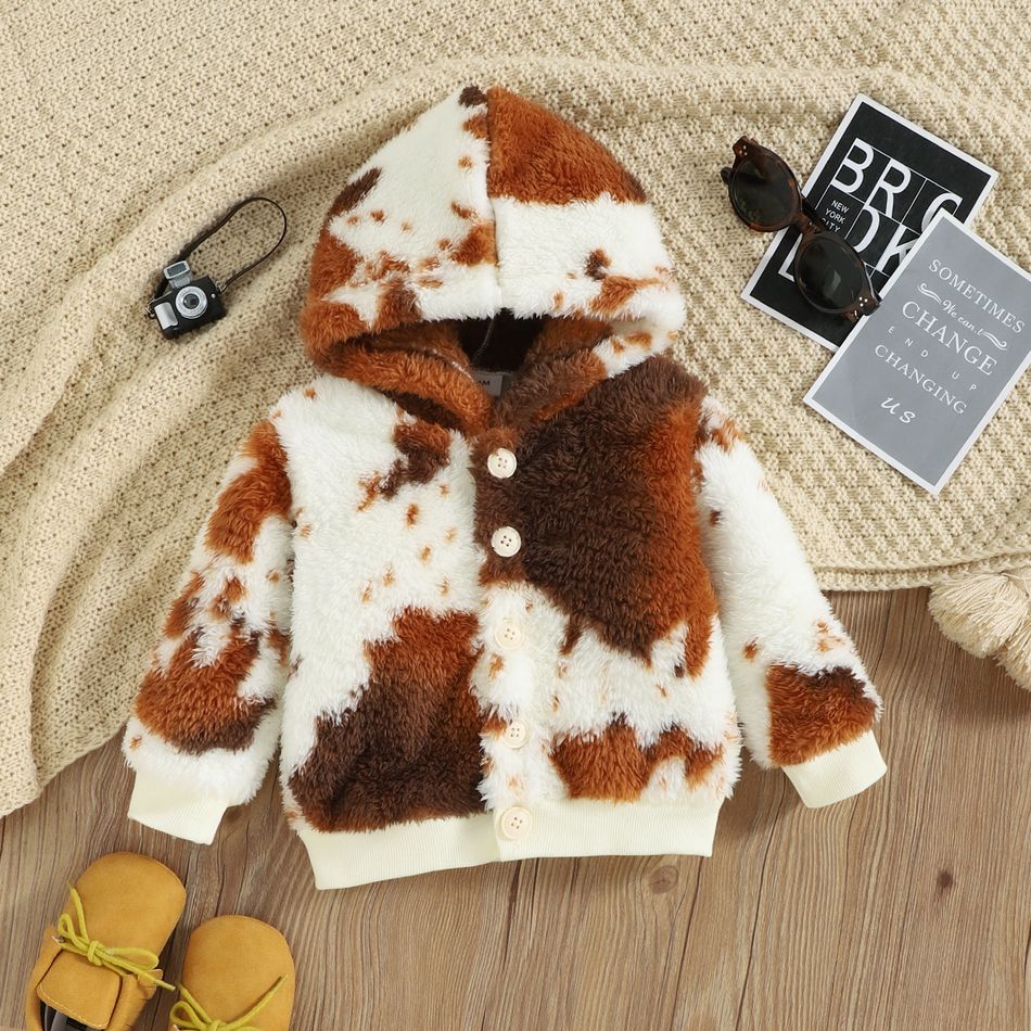 Baby Boy/Girl Cow Print Thermal Fleece Hooded Button Jacket Brown big image 1