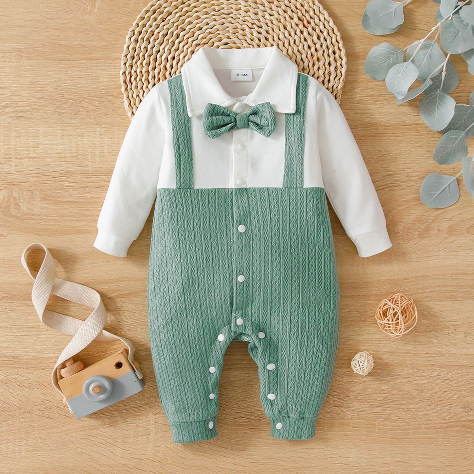Baby Boy 95% Cotton Long-sleeve Gentleman Bow Tie Decor Solid Spliced Jumpsuit Green big image 3