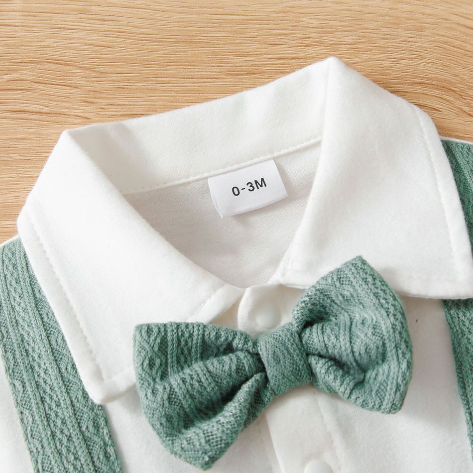 Baby Boy 95% Cotton Long-sleeve Gentleman Bow Tie Decor Solid Spliced Jumpsuit Green big image 4