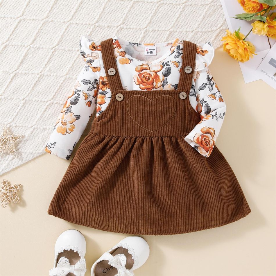 2pcs Baby Girl Allover Floral Print Ruffle Long-sleeve Romper and Corduroy Overall Dress Set Brown big image 2