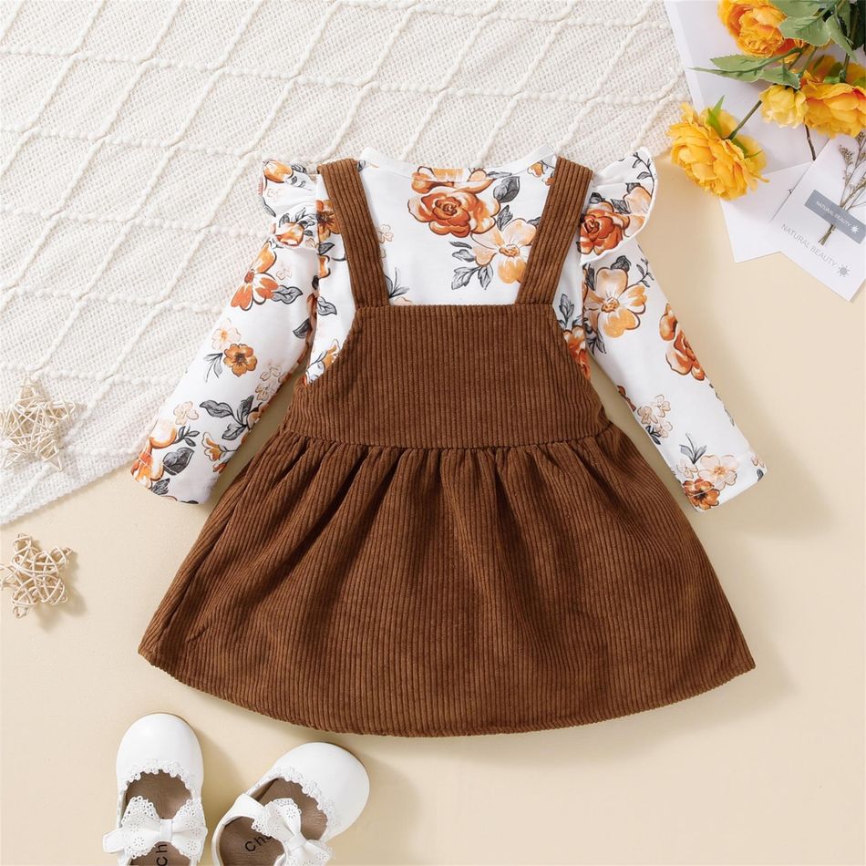 2pcs Baby Girl Allover Floral Print Ruffle Long-sleeve Romper and Corduroy Overall Dress Set Brown big image 3
