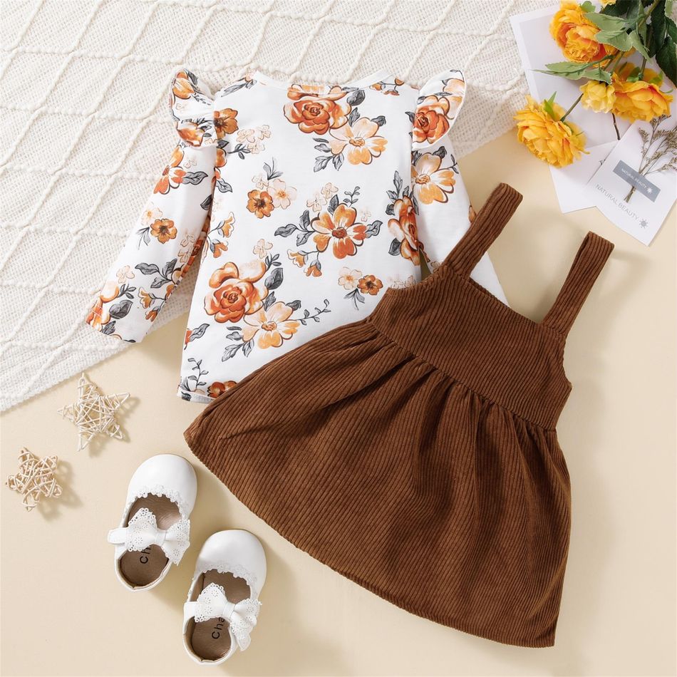 2pcs Baby Girl Allover Floral Print Ruffle Long-sleeve Romper and Corduroy Overall Dress Set Brown big image 4