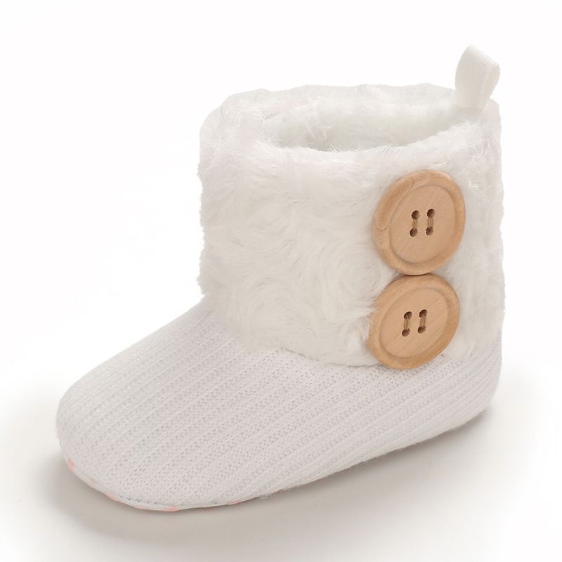 Baby / Toddler Girl Solid Button Fluff Knitted Casual Fleece-lining Prewalker Shoes White big image 2