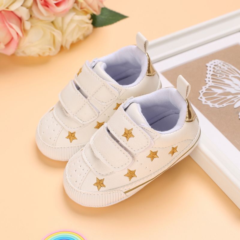 Baby / Toddler White Stars Print Velcro Closure Prewalker Shoes Gold