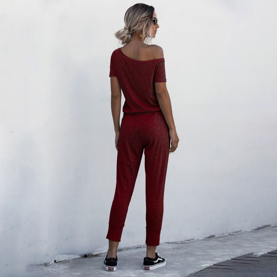 Casual Solid Off Shoulder jumpsuit Burgundy big image 3