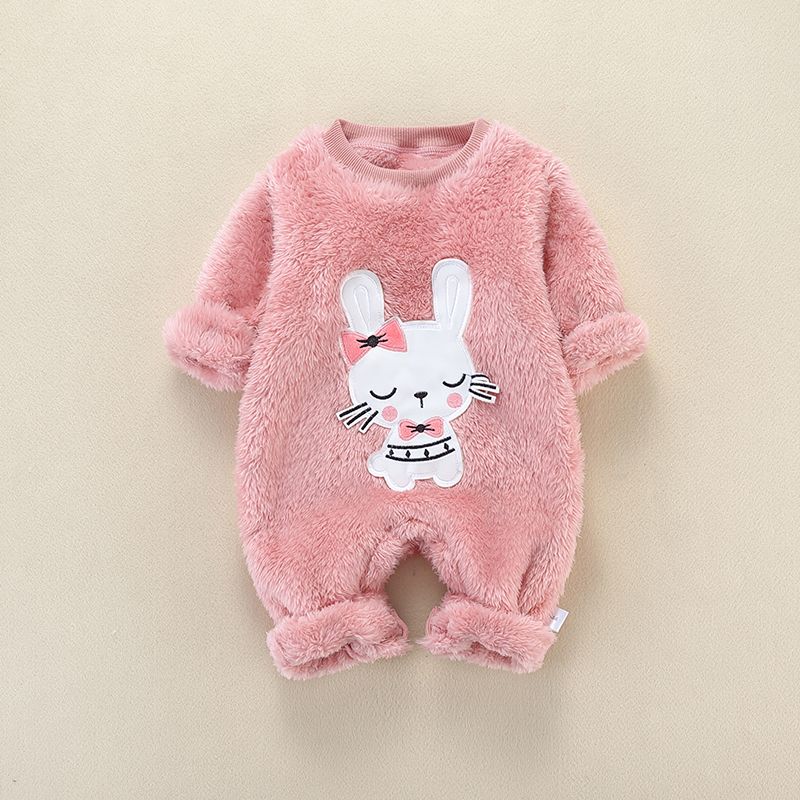 Crocodile or Bear or Bunny Applique Fleece Long-sleeve Baby Jumpsuit Pink