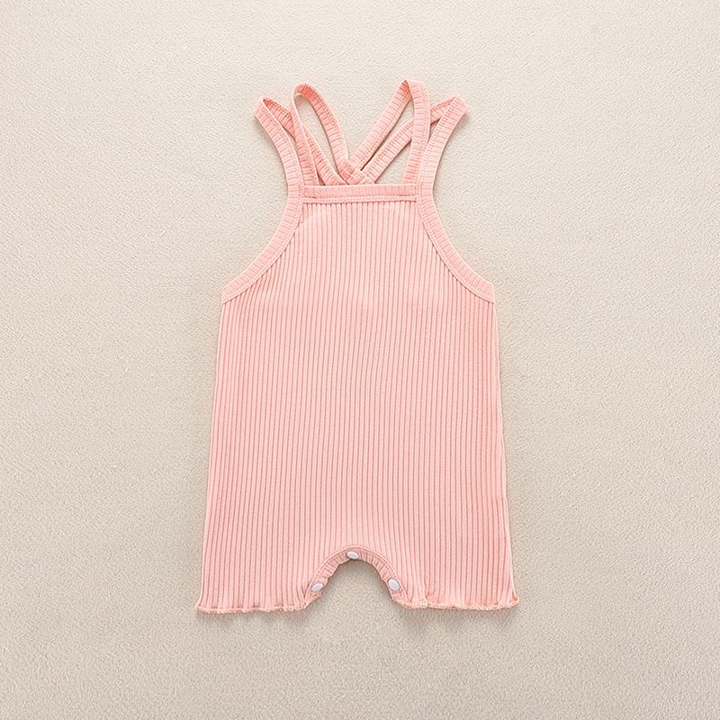 100% Cotton Solid Ribbed Sleeveless Strappy Baby Romper Light Pink