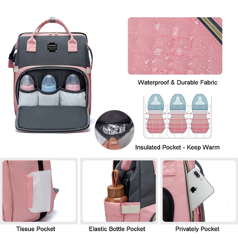 Diaper Bag Backpack Diapers Changing Pad Portable Mummy Bag Foldable Baby Bed Travel Bag with USB Pink big image 4
