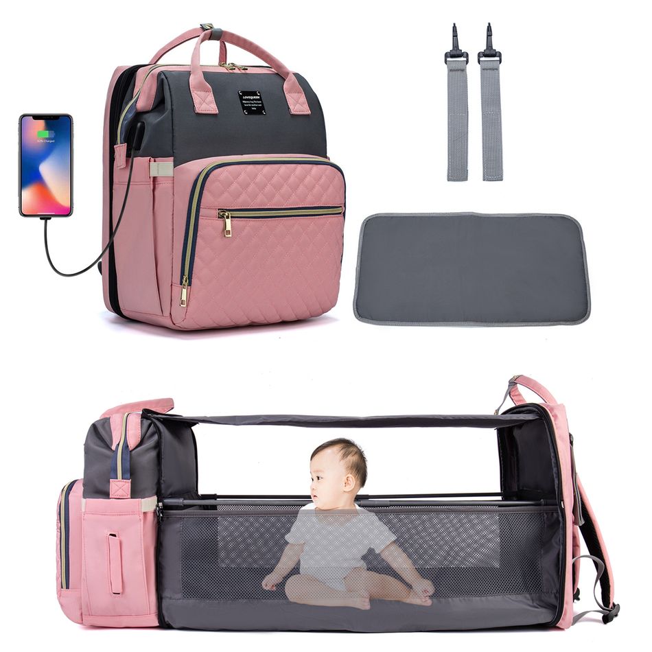 Diaper Bag Backpack Diapers Changing Pad Portable Mummy Bag Foldable Baby Bed Travel Bag with USB Pink big image 5