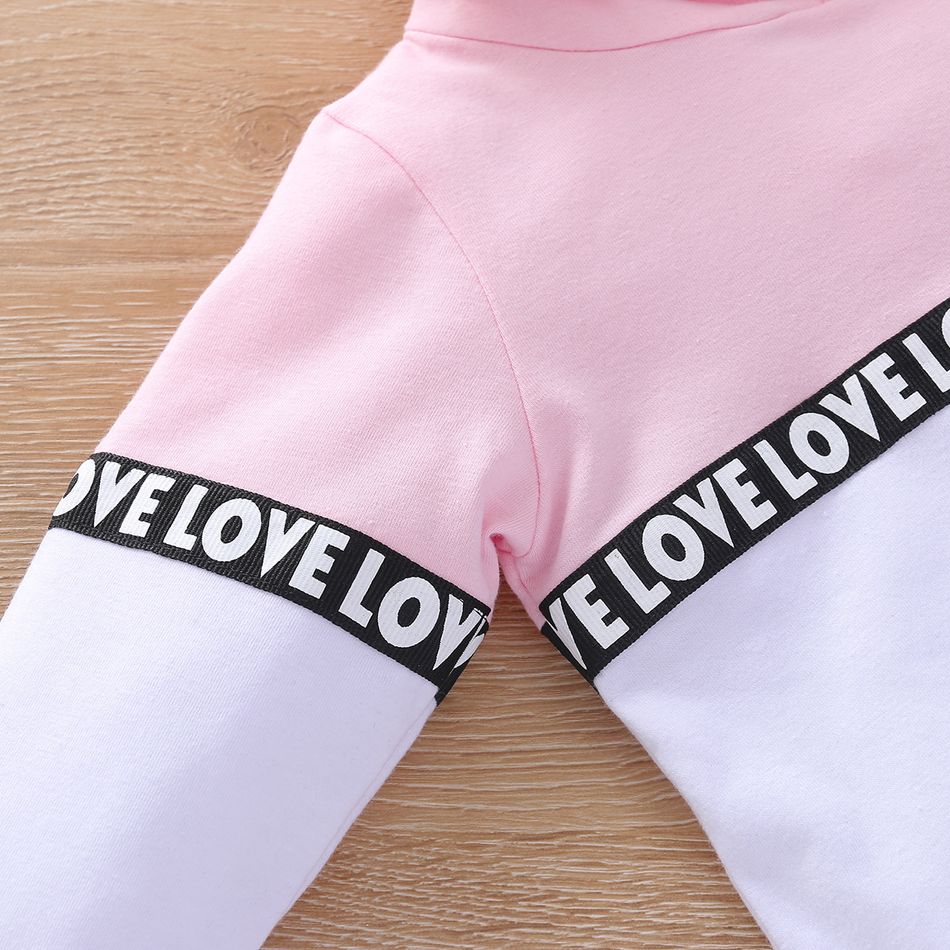 2pcs Letter Print Splice Color Block Hooded Long-sleeve Baby Set Pink big image 4