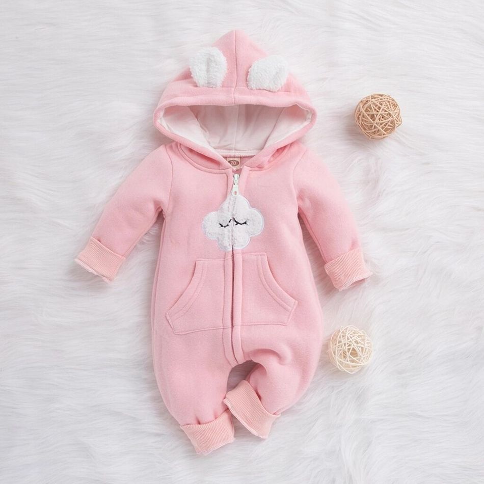 100% Cotton Cloud Applique Hooded Long-sleeve Baby Jumpsuit Pink big image 1