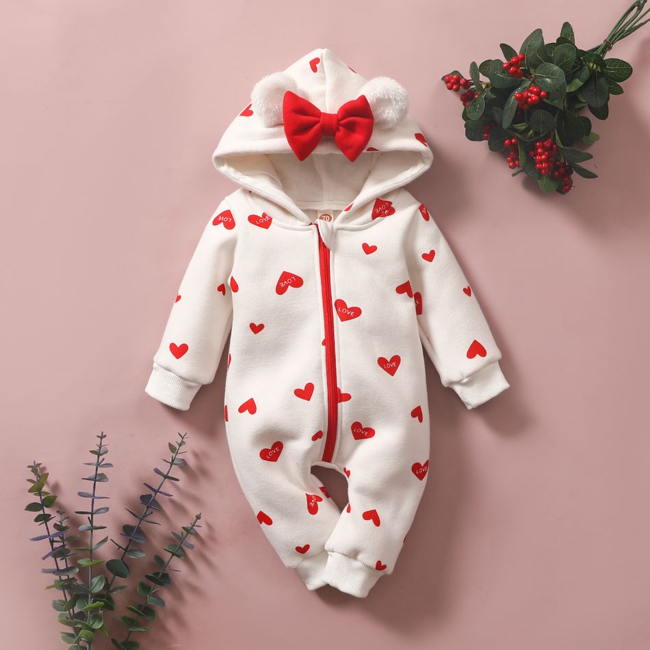 Heart or Strawberry Allover 3D Ear Decor Hooded Long-sleeve Baby Jumpsuit White big image 1