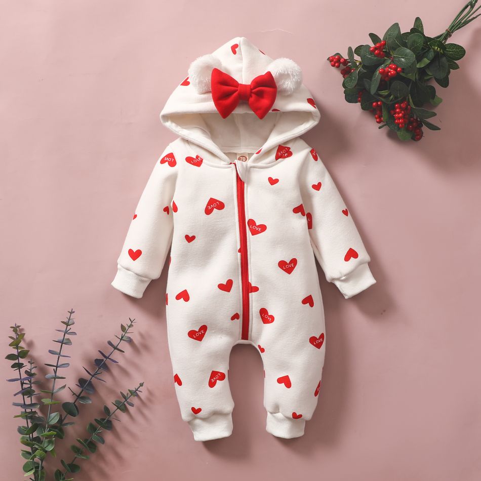 Heart or Strawberry Allover 3D Ear Decor Hooded Long-sleeve Baby Jumpsuit White big image 2