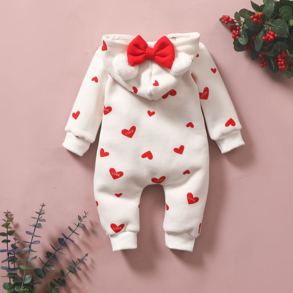 Heart or Strawberry Allover 3D Ear Decor Hooded Long-sleeve Baby Jumpsuit White big image 3